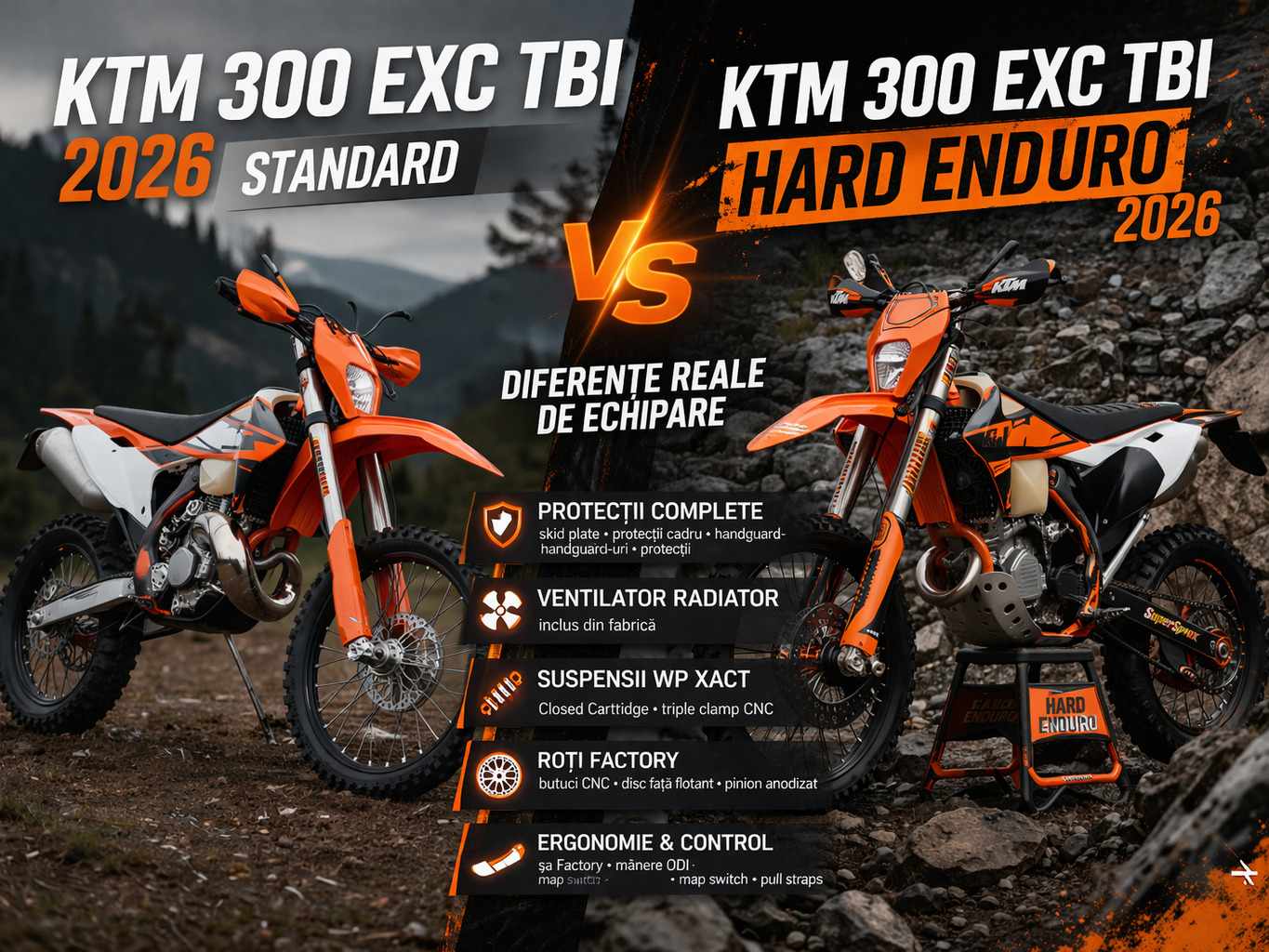 KTM 300 EXC TBI 2026 vs Hard Enduro – diferențe echipare și accesorii complete