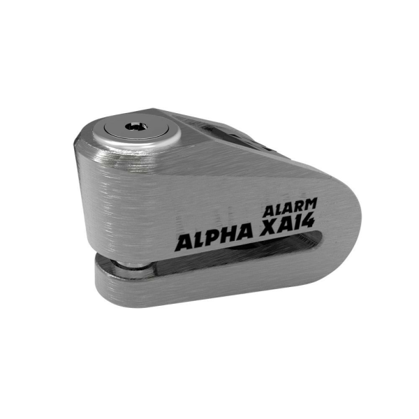 Alpha Oxford XA14 riasztós tárcsazár (14 mm-es csap) – csiszolt rozsdamentes acél és fekete burkolat, 1, nordicamoto.ro